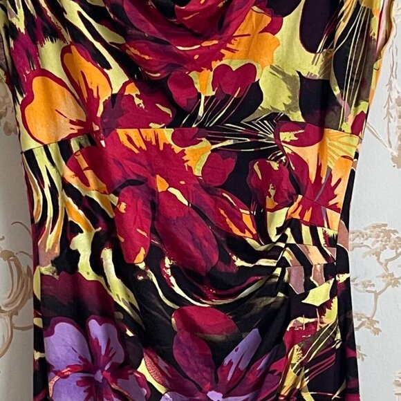 Y2K Cache Women Floral Cowl Neck Dress L Tropical Jungle Print Bodycon Vacation - Picture 6 of 6